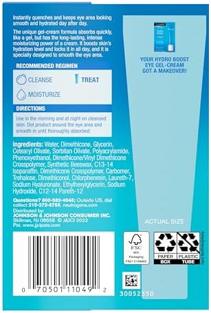 Neutrogena Hydro Boost Eye Cream, Under-Eye Moisturizer with Hyaluronic Acid, Fragrance Free and Non-Comedogenic, 0.5 Oz