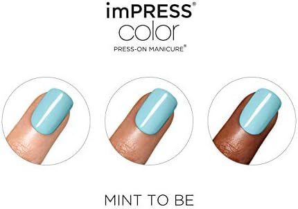 Kiss Impress Color Press-On Manicure, Gel Nail Kit, Purefit Technology, Pre-Glued, “Mint To Be”, Polish-Free Solid Colour Mani, Includes Prep Pad, Mini File, Cuticle Stick, And 30 Fake Nails