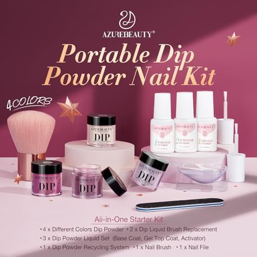 AZUREBEAUTY Dip Nails Powder Starter Kit, 4 Colors Noble Elegant Coffee Brown Dipping Powder Set with Base & Top Coat Activator Recycling Tray for French Nail Art Manicure Salon DIY at Home
