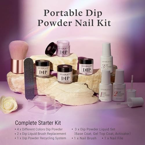 AZUREBEAUTY Dip Nails Powder Starter Kit, 4 Colors Noble Elegant Coffee Brown Dipping Powder Set with Base & Top Coat Activator Recycling Tray for French Nail Art Manicure Salon DIY at Home