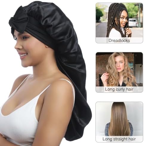 AWAYTR Long Satin Bonnet for Braids - Elastic Silk Hair Bonnets for Sleeping Night Cap Stretchy Tie Band for Women
