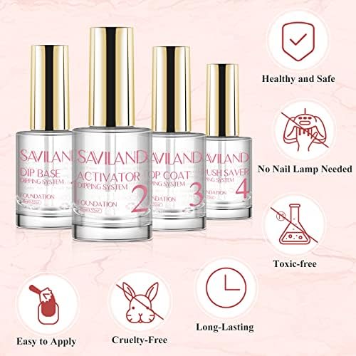 Saviland Dip Powder Liquid Set - 4 PCS 15ml Dipping Powder Liquid System with Dip Base & Top Coat Activator Brush Saver Dip Powder Manicure Starter Kit No Need Curing for Nail Salon & Home DIY