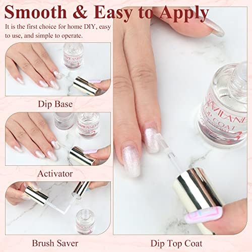 Saviland Dip Powder Liquid Set - 4 PCS 15ml Dipping Powder Liquid System with Dip Base & Top Coat Activator Brush Saver Dip Powder Manicure Starter Kit No Need Curing for Nail Salon & Home DIY