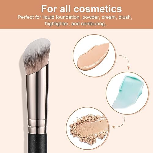 TEOYALL Foundation Contour Conceal Brush Set, 3PCS Angled Synthetic Kabuki Brush for Blending Setting Buffing with Liquid
