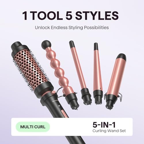 Wavytalk 5 in 1 Curling Wand Set, Multi Curl, Curling Iron Set with Thermal Brush and 4 Interchangeable Ceramic (0.5”-1.25”), Instant Heat Up (Rose Gold)