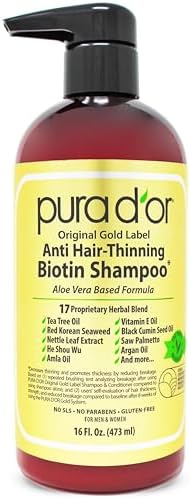 pura d'or Original Gold Label Anti-Thinning Shampoo Clinically Tested, Infused with Argan Oil, Biotin & Natural Ingredients, Sulfate Free, All Hair Types, Men and Women, 16 Fl Oz (Packaging may vary)