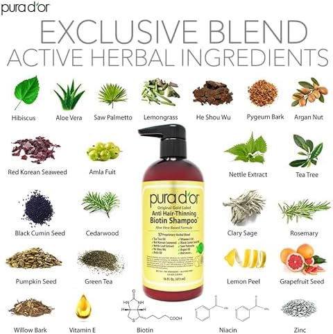 pura d'or Original Gold Label Anti-Thinning Shampoo Clinically Tested, Infused with Argan Oil, Biotin & Natural Ingredients, Sulfate Free, All Hair Types, Men and Women, 16 Fl Oz (Packaging may vary)