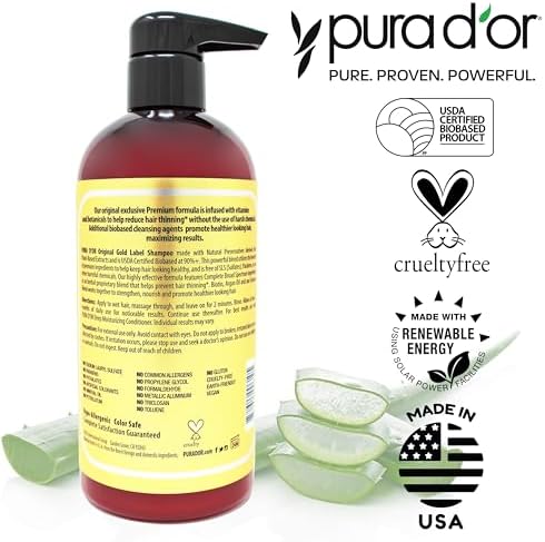 pura d'or Original Gold Label Anti-Thinning Shampoo Clinically Tested, Infused with Argan Oil, Biotin & Natural Ingredients, Sulfate Free, All Hair Types, Men and Women, 16 Fl Oz (Packaging may vary)
