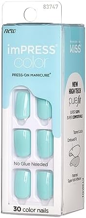 Kiss Impress Color Press-On Manicure, Gel Nail Kit, Purefit Technology, Pre-Glued, “Mint To Be”, Polish-Free Solid Colour Mani, Includes Prep Pad, Mini File, Cuticle Stick, And 30 Fake Nails