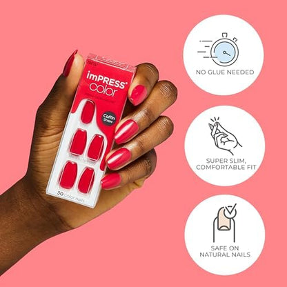 Kiss Impress Color Press-On Manicure, Gel Nail Kit, Purefit Technology, Pre-Glued, “Mint To Be”, Polish-Free Solid Colour Mani, Includes Prep Pad, Mini File, Cuticle Stick, And 30 Fake Nails