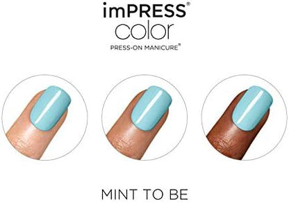 Kiss Impress Color Press-On Manicure, Gel Nail Kit, Purefit Technology, Pre-Glued, “Mint To Be”, Polish-Free Solid Colour Mani, Includes Prep Pad, Mini File, Cuticle Stick, And 30 Fake Nails