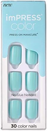Kiss Impress Color Press-On Manicure, Gel Nail Kit, Purefit Technology, Pre-Glued, “Mint To Be”, Polish-Free Solid Colour Mani, Includes Prep Pad, Mini File, Cuticle Stick, And 30 Fake Nails