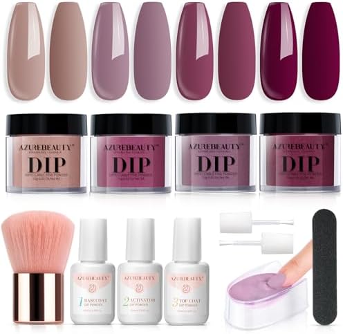 AZUREBEAUTY Dip Nails Powder Starter Kit, 4 Colors Noble Elegant Coffee Brown Dipping Powder Set with Base & Top Coat Activator Recycling Tray for French Nail Art Manicure Salon DIY at Home