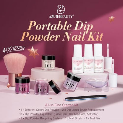 AZUREBEAUTY Dip Nails Powder Starter Kit, 4 Colors Noble Elegant Coffee Brown Dipping Powder Set with Base & Top Coat Activator Recycling Tray for French Nail Art Manicure Salon DIY at Home
