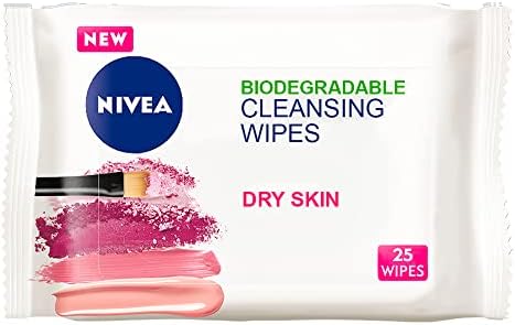 NIVEA 3in1 Caring Cleansing Wipes Dry Skin (25 Wipes), Plant-Based Makeup Remover Wipes