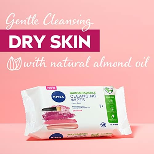 NIVEA 3in1 Caring Cleansing Wipes Dry Skin (25 Wipes), Plant-Based Makeup Remover Wipes