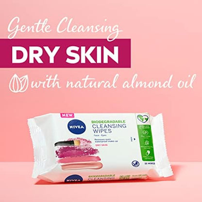 NIVEA 3in1 Caring Cleansing Wipes Dry Skin (25 Wipes), Plant-Based Makeup Remover Wipes