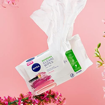 NIVEA 3in1 Caring Cleansing Wipes Dry Skin (25 Wipes), Plant-Based Makeup Remover Wipes