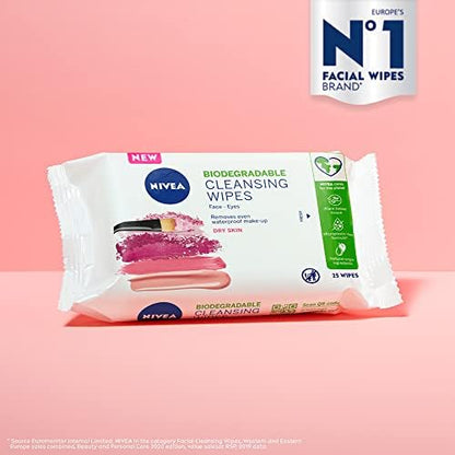 NIVEA 3in1 Caring Cleansing Wipes Dry Skin (25 Wipes), Plant-Based Makeup Remover Wipes