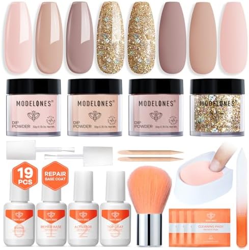 Modelones Dip Powder Nail Kit, 4 Colors Nude Brown Gold Glitter Dipping Starter Set with Liquid and Complete Accessories for French Nails Art Salon DIY at Home Manicure