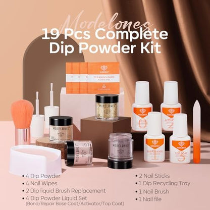 Modelones Dip Powder Nail Kit, 4 Colors Nude Brown Gold Glitter Dipping Starter Set with Liquid and Complete Accessories for French Nails Art Salon DIY at Home Manicure