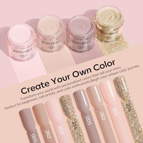 Modelones Dip Powder Nail Kit, 4 Colors Nude Brown Gold Glitter Dipping Starter Set with Liquid and Complete Accessories for French Nails Art Salon DIY at Home Manicure