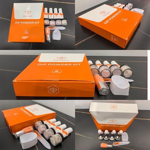 Modelones Dip Powder Nail Kit, 4 Colors Nude Brown Gold Glitter Dipping Starter Set with Liquid and Complete Accessories for French Nails Art Salon DIY at Home Manicure