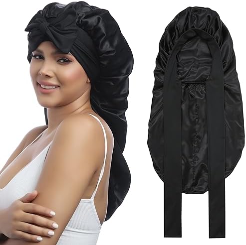 AWAYTR Long Satin Bonnet for Braids - Elastic Silk Hair Bonnets for Sleeping Night Cap Stretchy Tie Band for Women