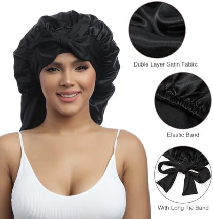 AWAYTR Long Satin Bonnet for Braids - Elastic Silk Hair Bonnets for Sleeping Night Cap Stretchy Tie Band for Women