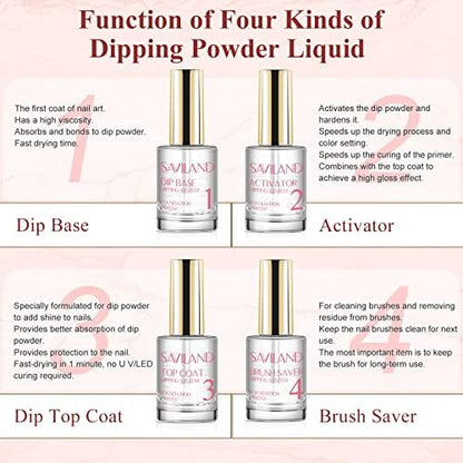 Saviland Dip Powder Liquid Set - 4 PCS 15ml Dipping Powder Liquid System with Dip Base & Top Coat Activator Brush Saver Dip Powder Manicure Starter Kit No Need Curing for Nail Salon & Home DIY