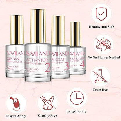 Saviland Dip Powder Liquid Set - 4 PCS 15ml Dipping Powder Liquid System with Dip Base & Top Coat Activator Brush Saver Dip Powder Manicure Starter Kit No Need Curing for Nail Salon & Home DIY