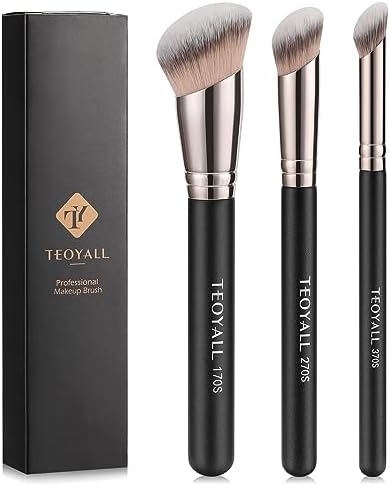 TEOYALL Foundation Contour Conceal Brush Set, 3PCS Angled Synthetic Kabuki Brush for Blending Setting Buffing with Liquid
