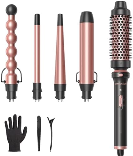 Wavytalk 5 in 1 Curling Wand Set, Multi Curl, Curling Iron Set with Thermal Brush and 4 Interchangeable Ceramic (0.5”-1.25”), Instant Heat Up (Rose Gold)
