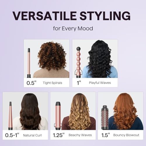Wavytalk 5 in 1 Curling Wand Set, Multi Curl, Curling Iron Set with Thermal Brush and 4 Interchangeable Ceramic (0.5”-1.25”), Instant Heat Up (Rose Gold)